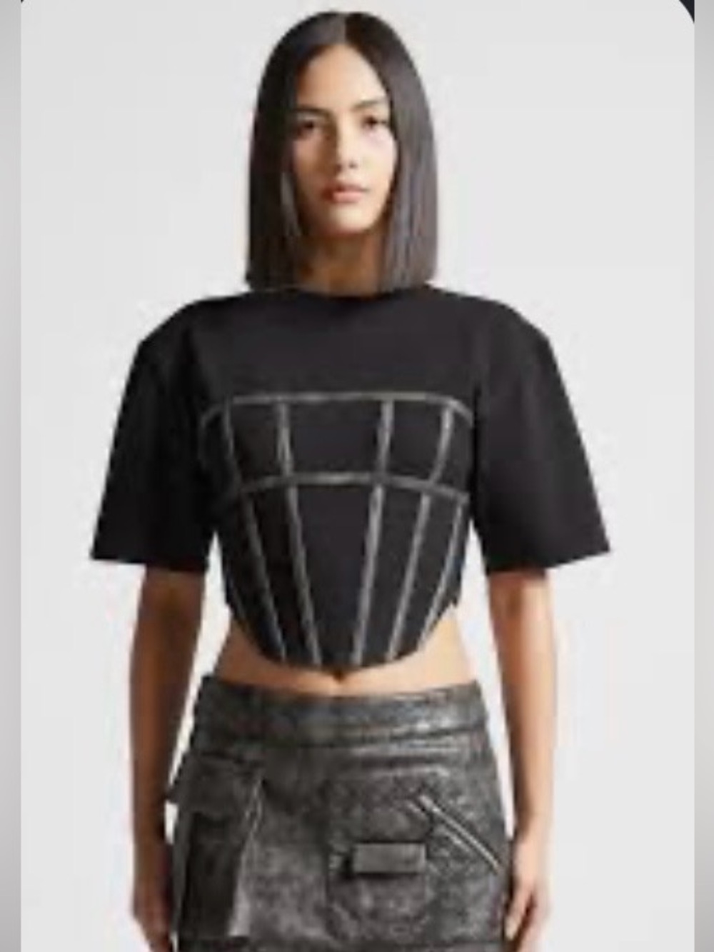 Maniere De Voir Black Crop Top with Contrasting Piping